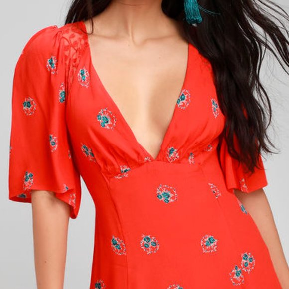NEW Free People Mockingbird Backless Lace Mini Dress Coral Red Floral Size S - Picture 3 of 12